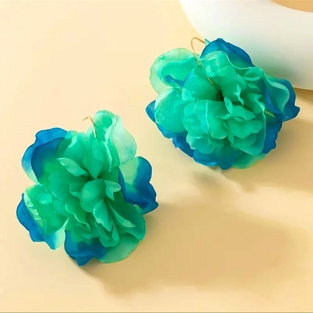 Teal and Blue Flower Gold Hoop Earrings